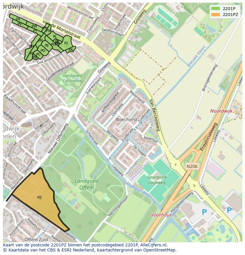 Afbeelding van het postcodegebied 2201 PZ op de kaart.