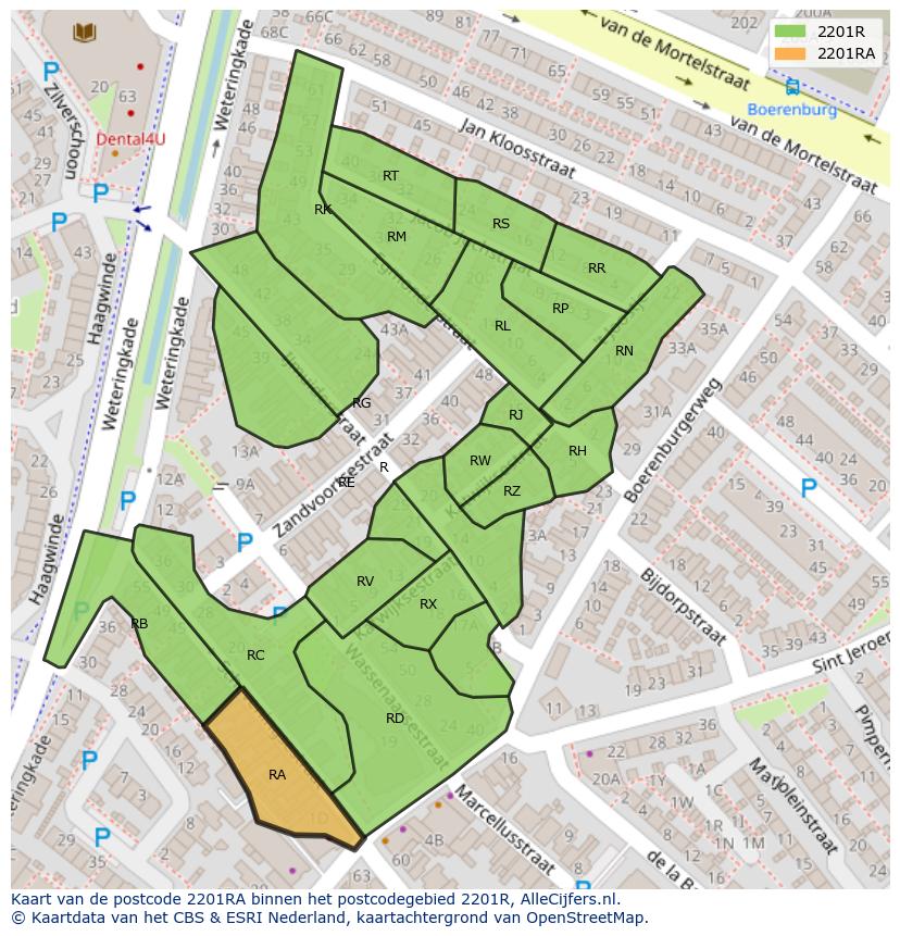 Afbeelding van het postcodegebied 2201 RA op de kaart.