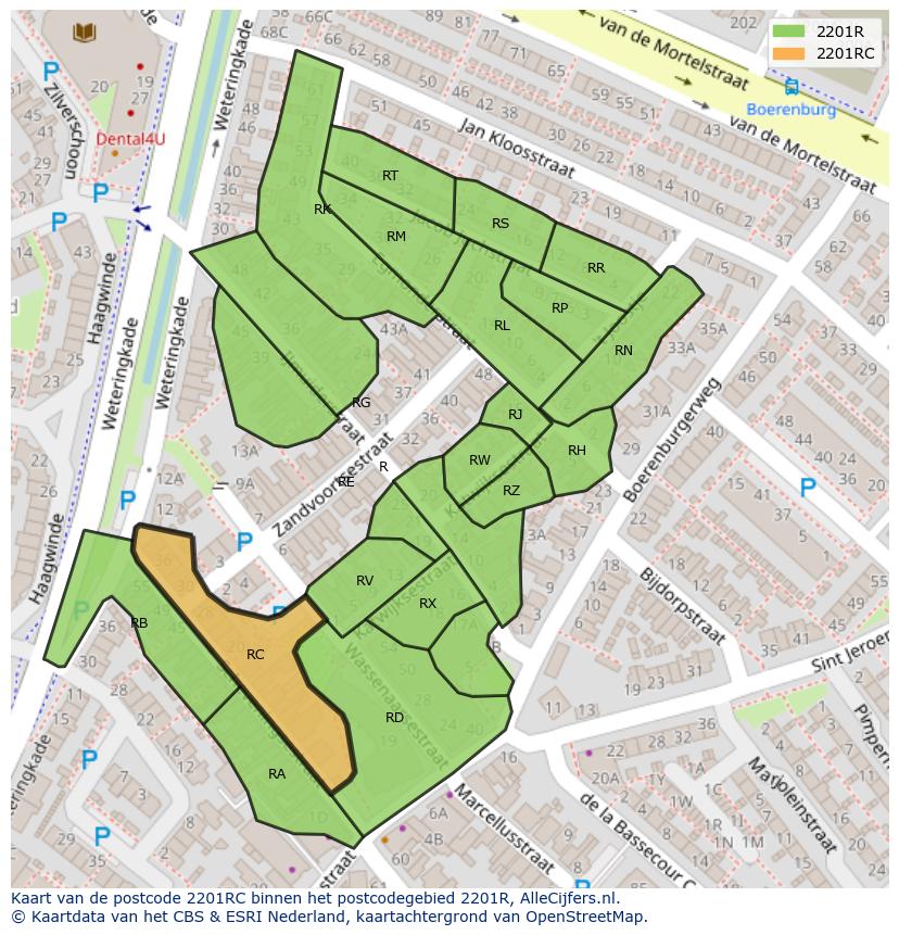 Afbeelding van het postcodegebied 2201 RC op de kaart.