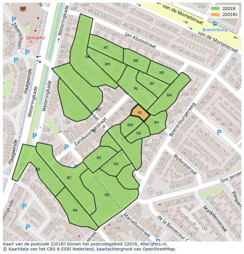 Afbeelding van het postcodegebied 2201 RJ op de kaart.
