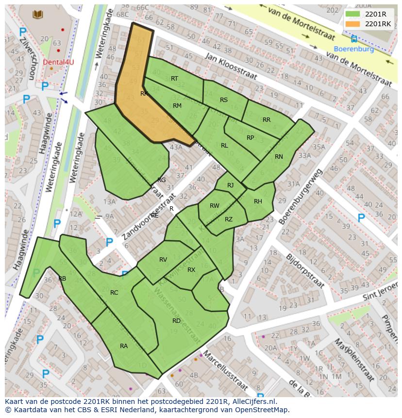 Afbeelding van het postcodegebied 2201 RK op de kaart.