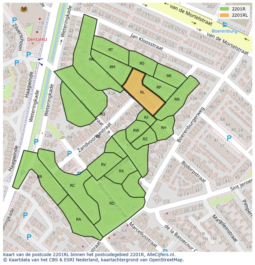 Afbeelding van het postcodegebied 2201 RL op de kaart.