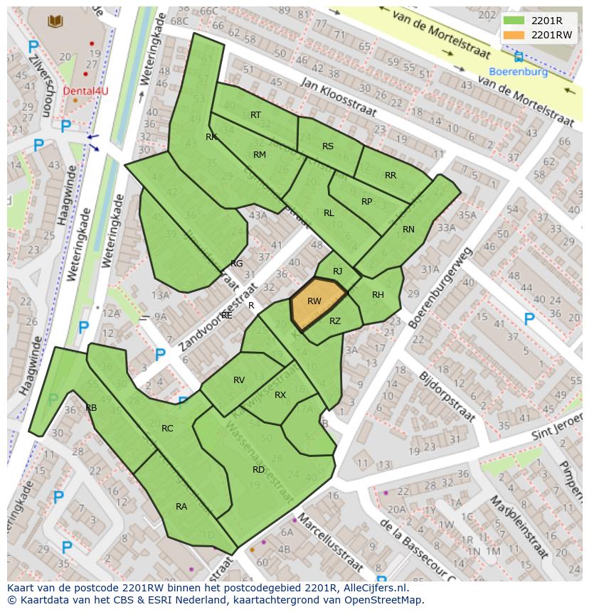 Afbeelding van het postcodegebied 2201 RW op de kaart.