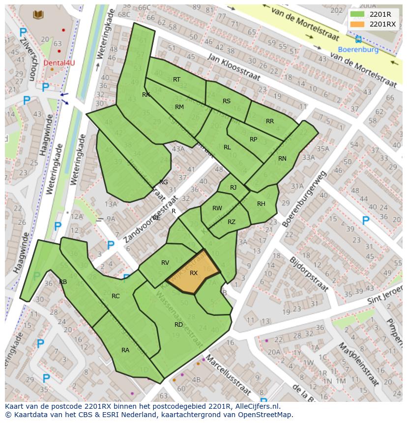 Afbeelding van het postcodegebied 2201 RX op de kaart.