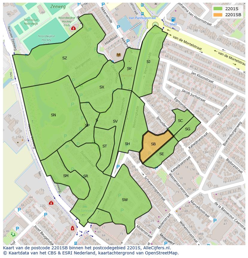 Afbeelding van het postcodegebied 2201 SB op de kaart.