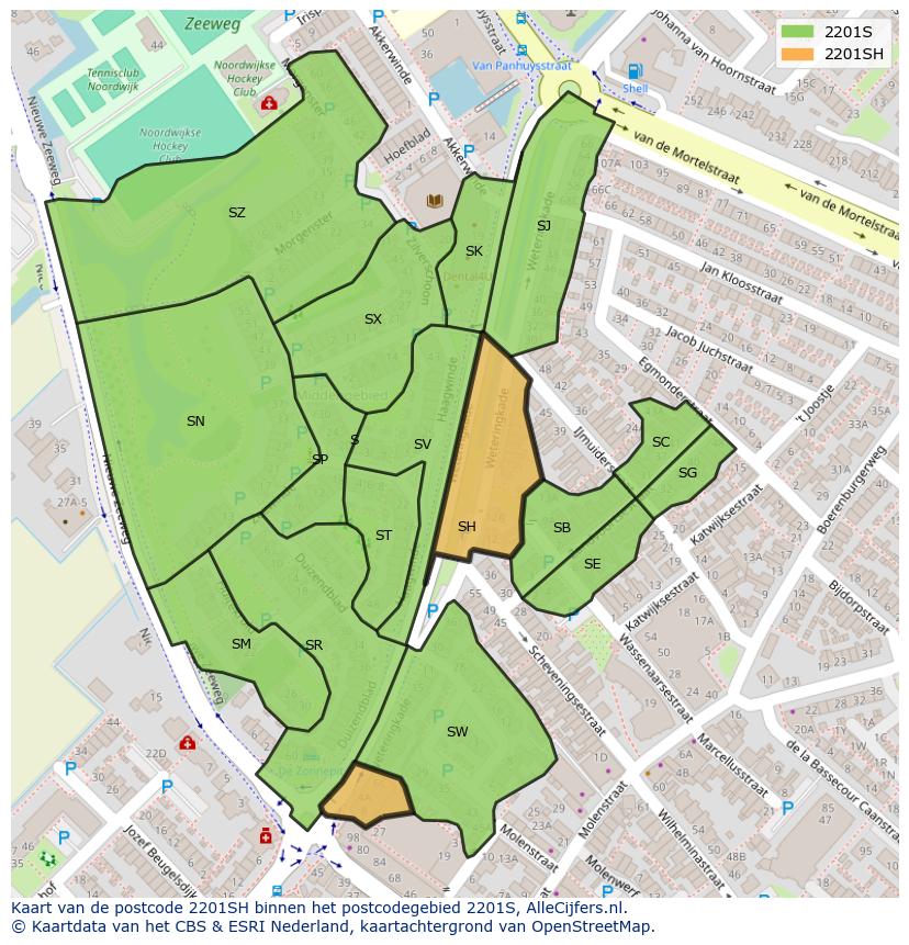 Afbeelding van het postcodegebied 2201 SH op de kaart.