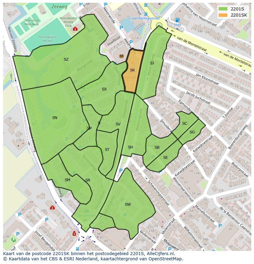 Afbeelding van het postcodegebied 2201 SK op de kaart.