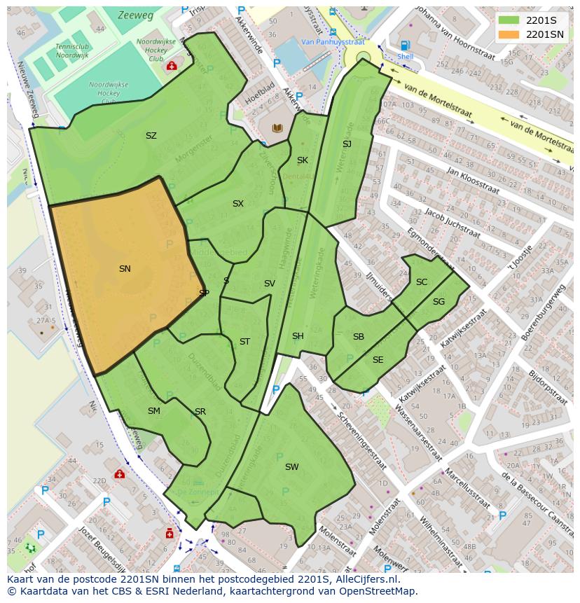 Afbeelding van het postcodegebied 2201 SN op de kaart.