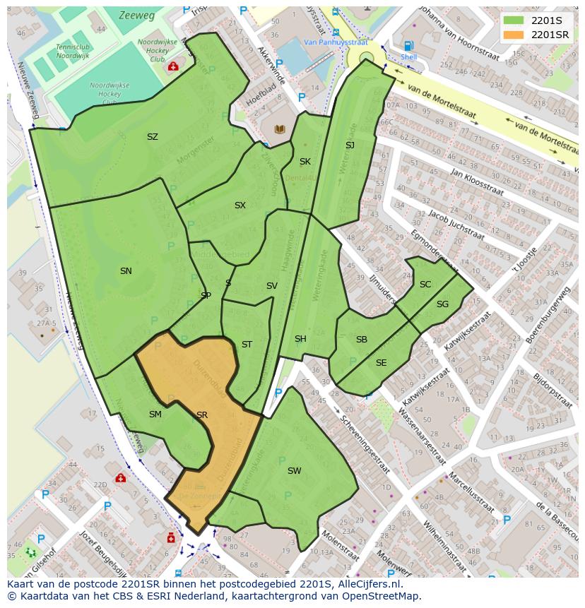 Afbeelding van het postcodegebied 2201 SR op de kaart.