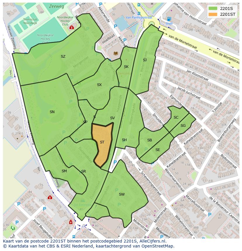 Afbeelding van het postcodegebied 2201 ST op de kaart.