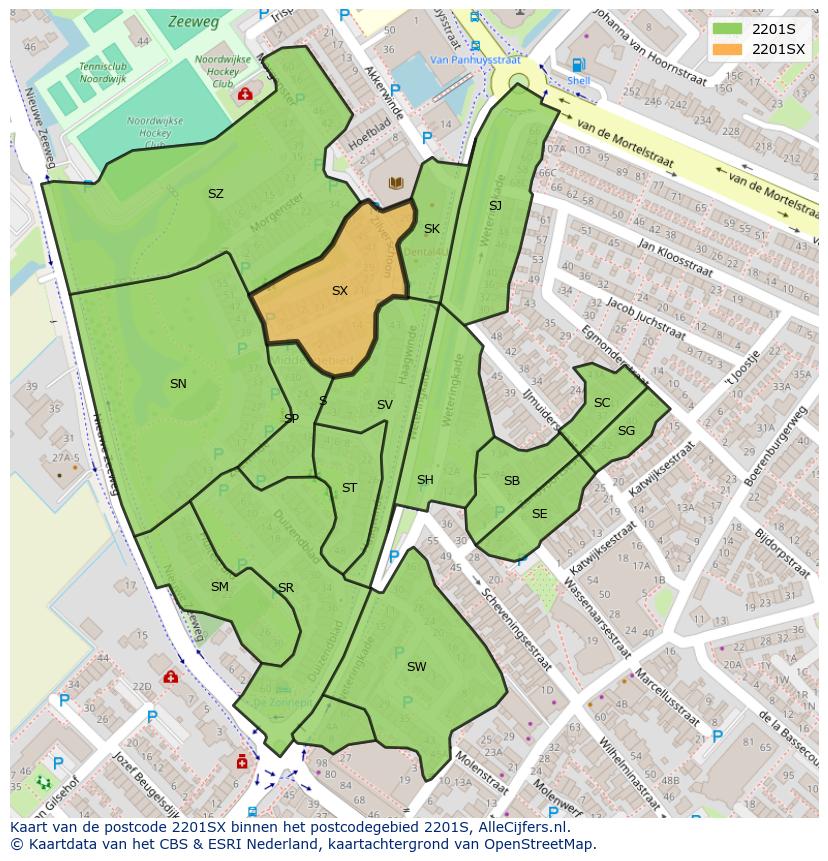 Afbeelding van het postcodegebied 2201 SX op de kaart.