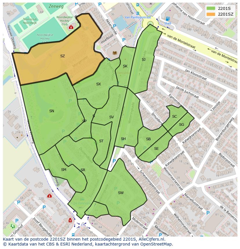 Afbeelding van het postcodegebied 2201 SZ op de kaart.