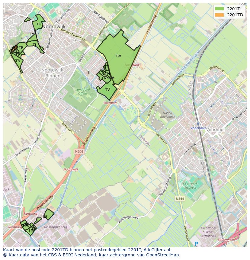 Afbeelding van het postcodegebied 2201 TD op de kaart.