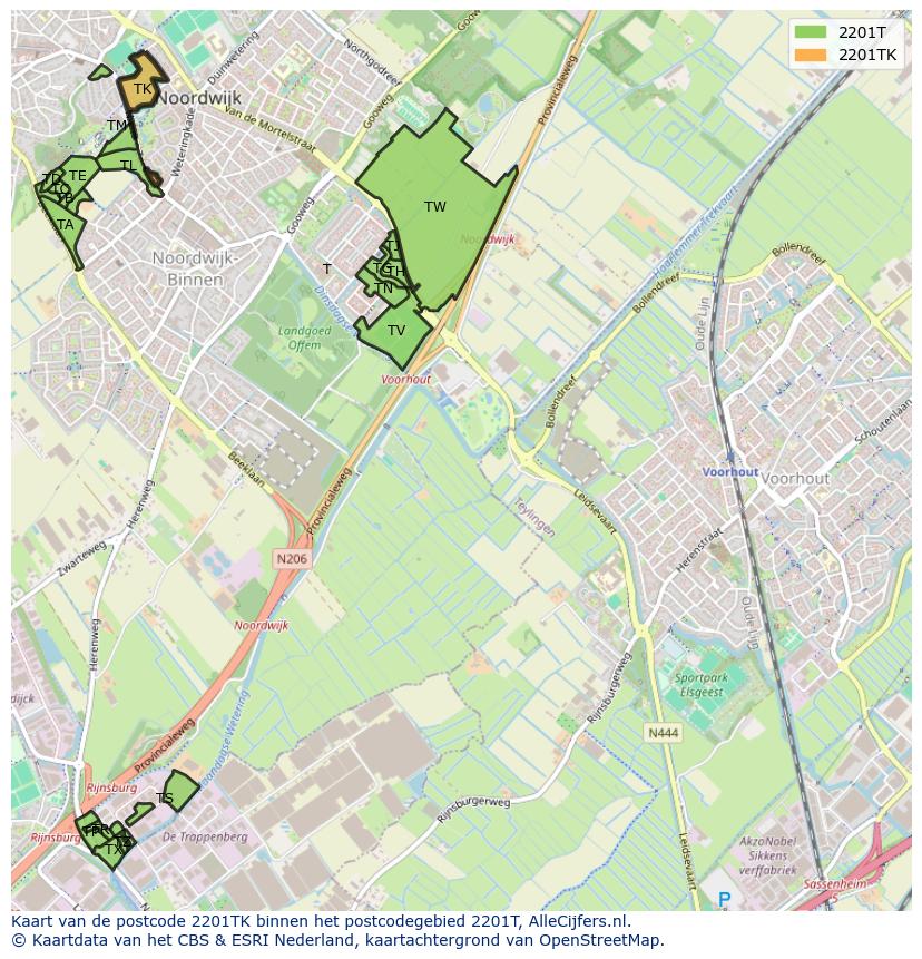 Afbeelding van het postcodegebied 2201 TK op de kaart.