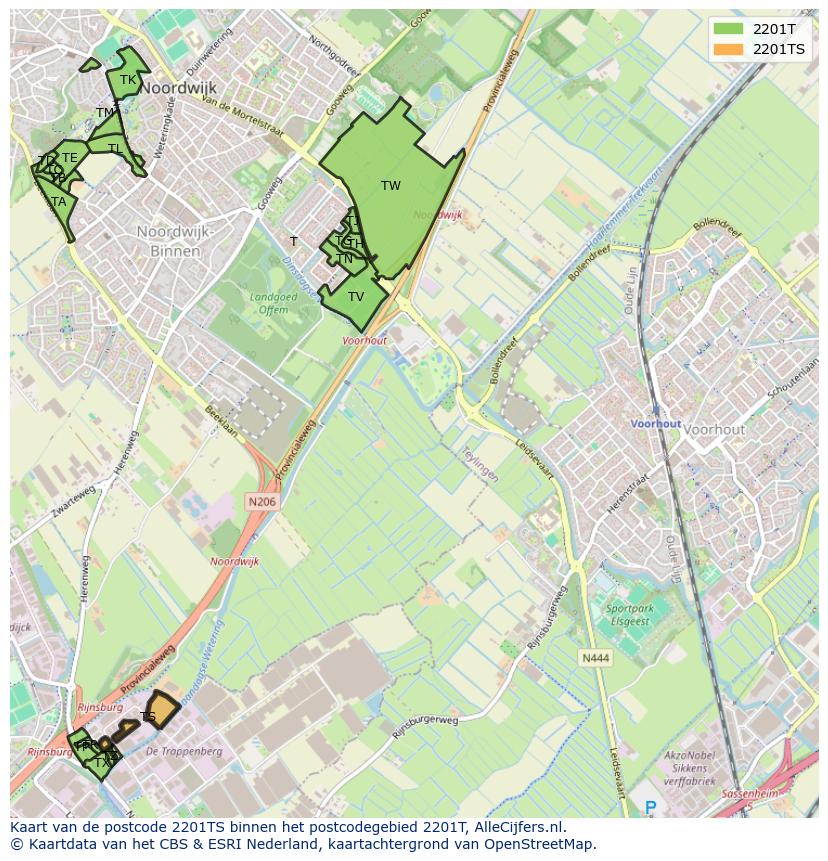 Afbeelding van het postcodegebied 2201 TS op de kaart.