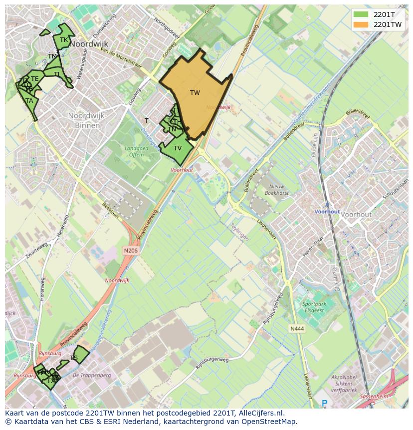 Afbeelding van het postcodegebied 2201 TW op de kaart.