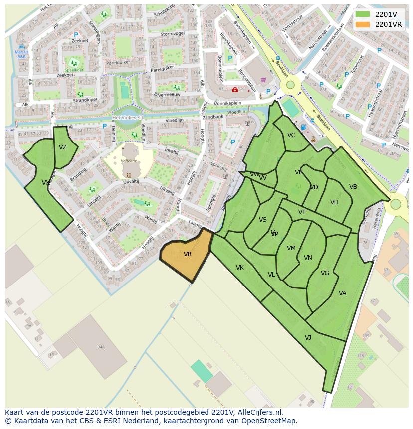 Afbeelding van het postcodegebied 2201 VR op de kaart.