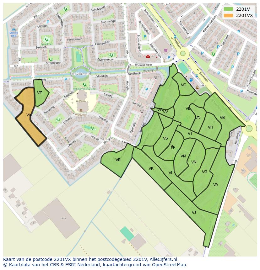 Afbeelding van het postcodegebied 2201 VX op de kaart.