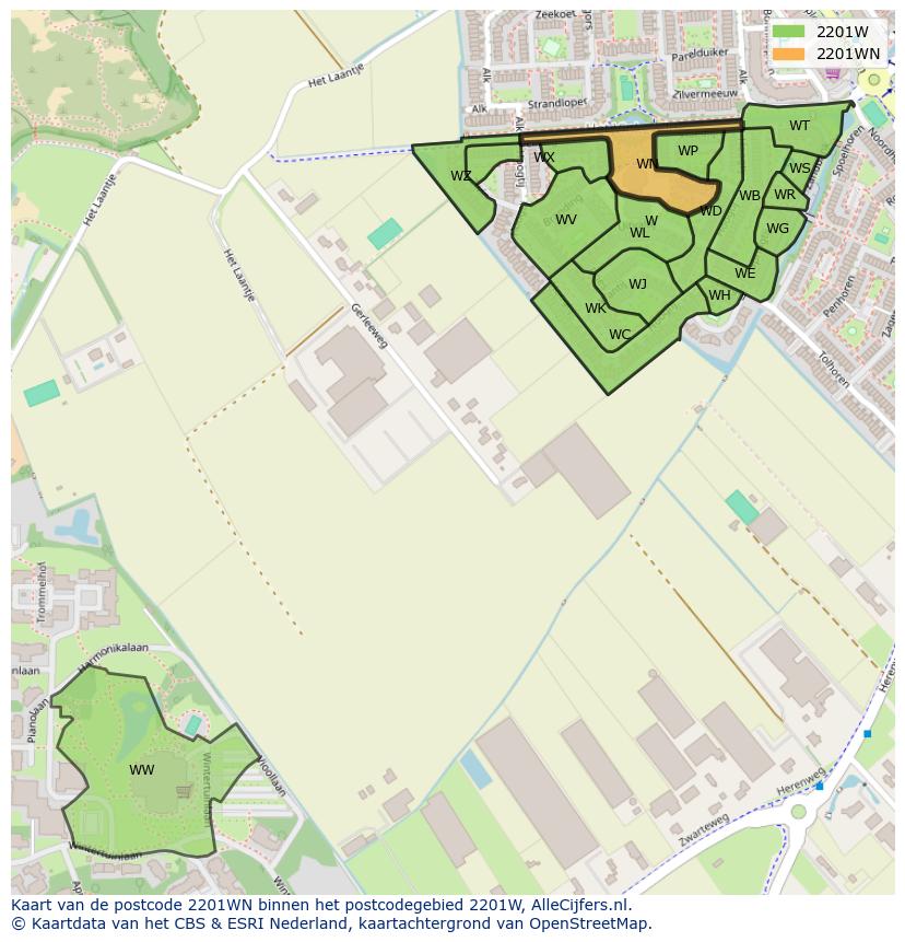 Afbeelding van het postcodegebied 2201 WN op de kaart.