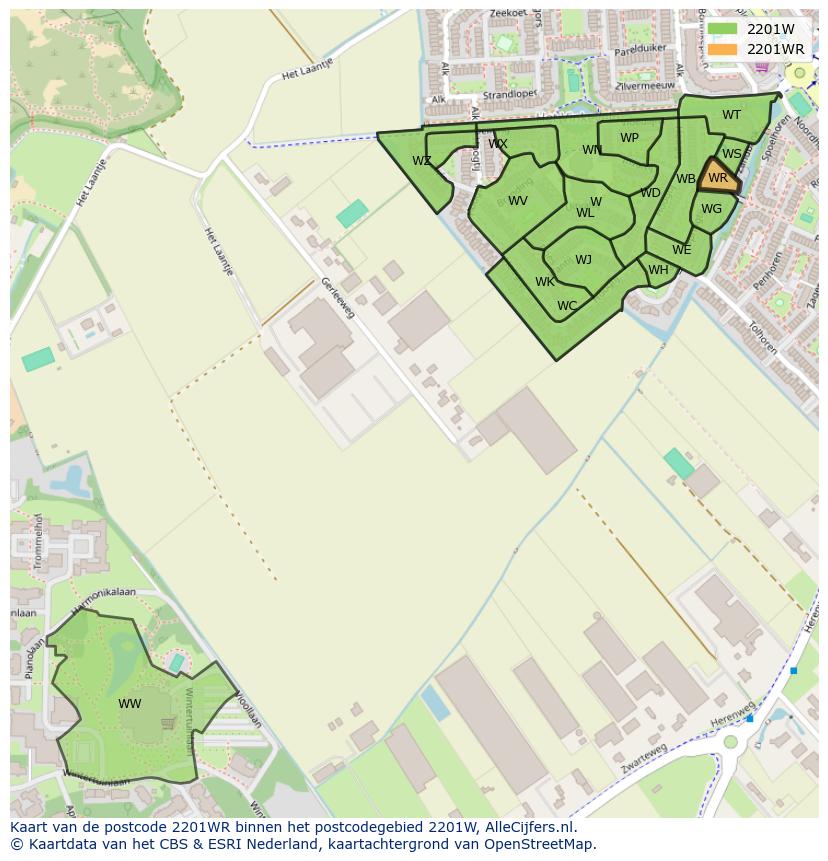 Afbeelding van het postcodegebied 2201 WR op de kaart.