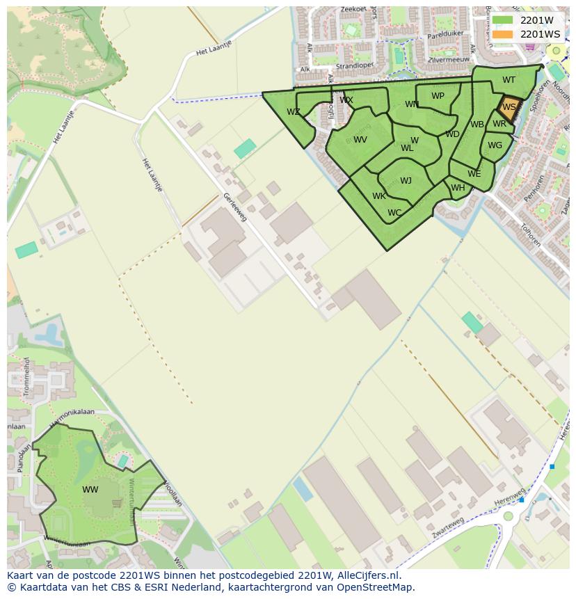 Afbeelding van het postcodegebied 2201 WS op de kaart.