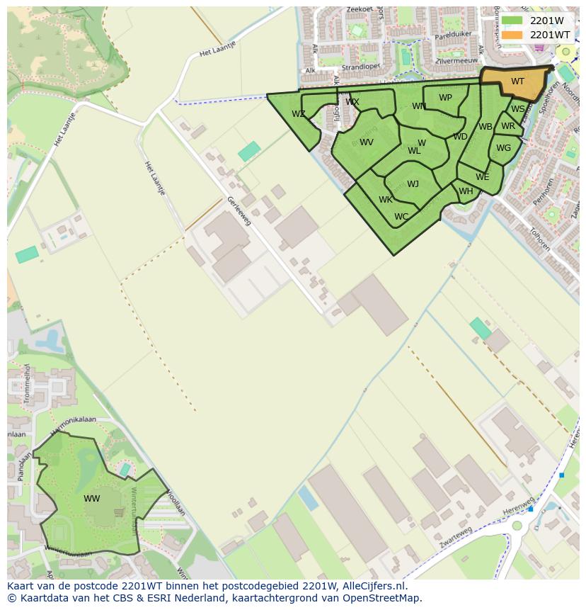 Afbeelding van het postcodegebied 2201 WT op de kaart.