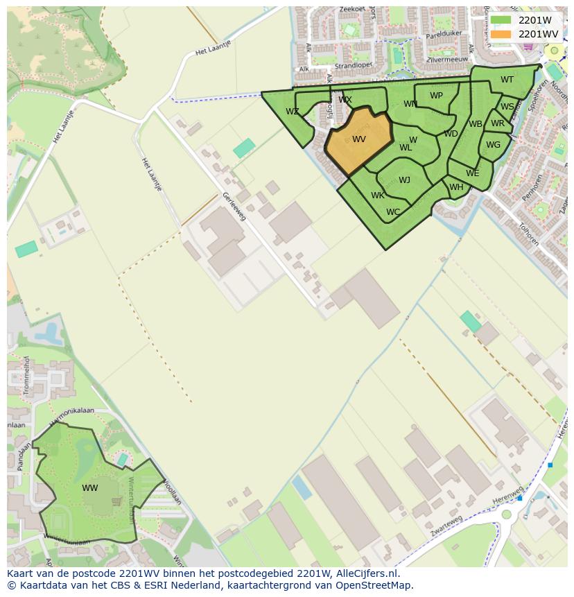 Afbeelding van het postcodegebied 2201 WV op de kaart.