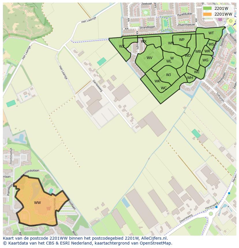 Afbeelding van het postcodegebied 2201 WW op de kaart.