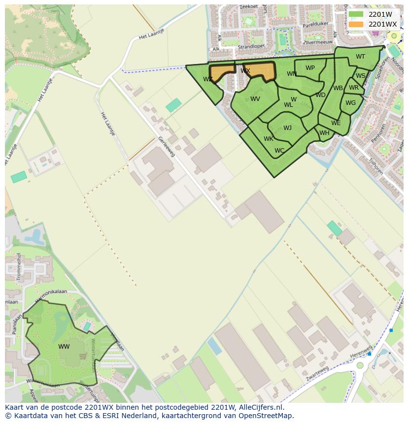 Afbeelding van het postcodegebied 2201 WX op de kaart.