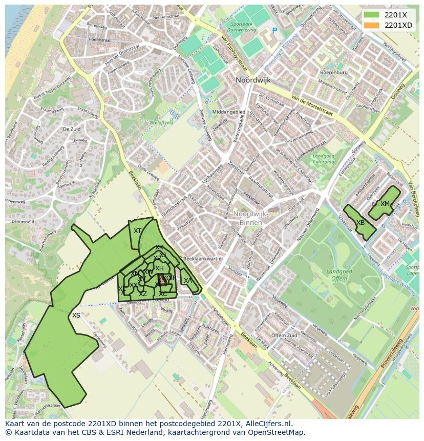 Afbeelding van het postcodegebied 2201 XD op de kaart.