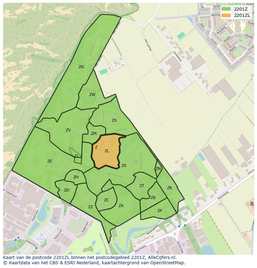 Afbeelding van het postcodegebied 2201 ZL op de kaart.