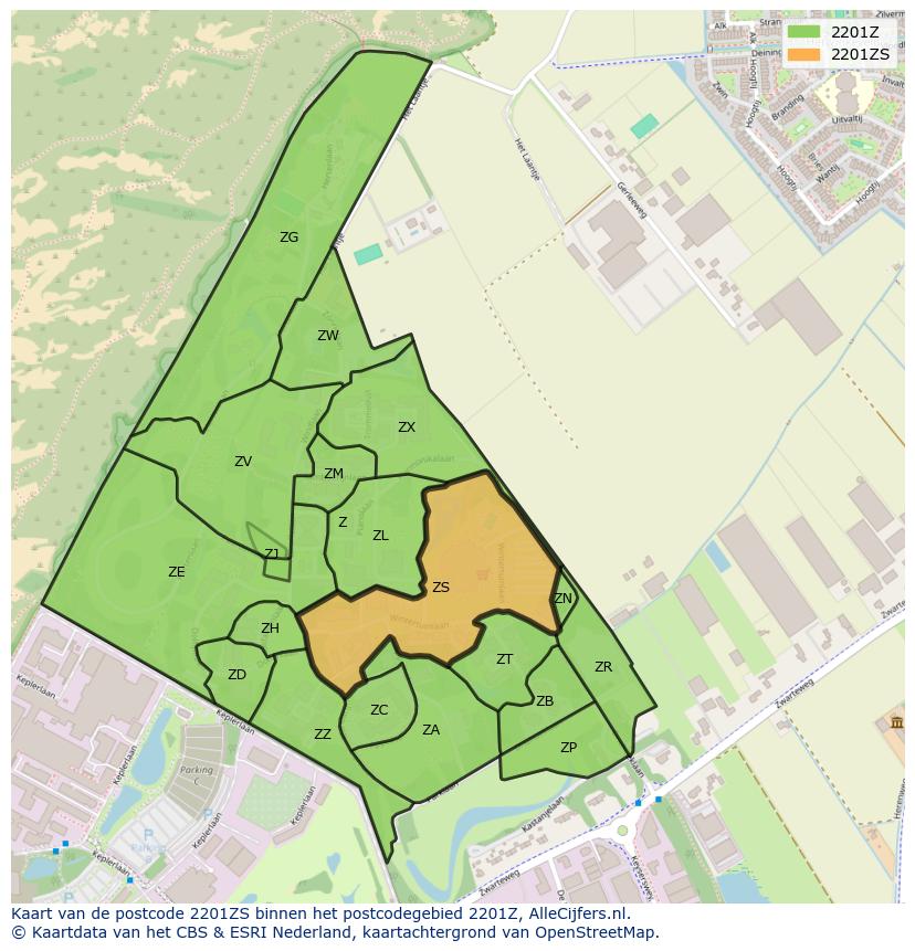 Afbeelding van het postcodegebied 2201 ZS op de kaart.