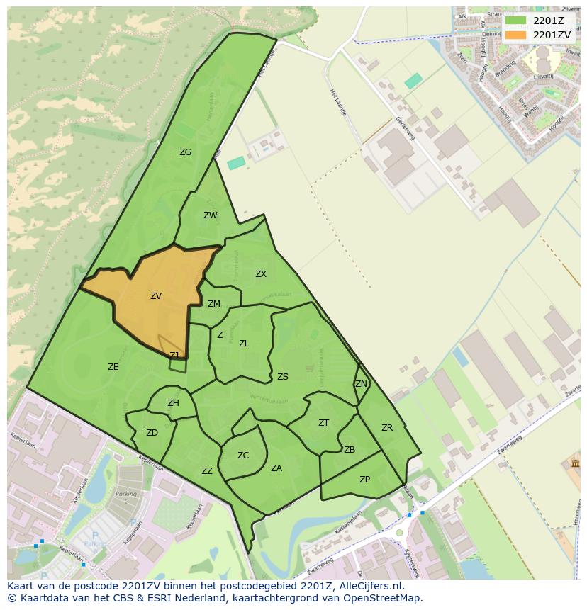 Afbeelding van het postcodegebied 2201 ZV op de kaart.