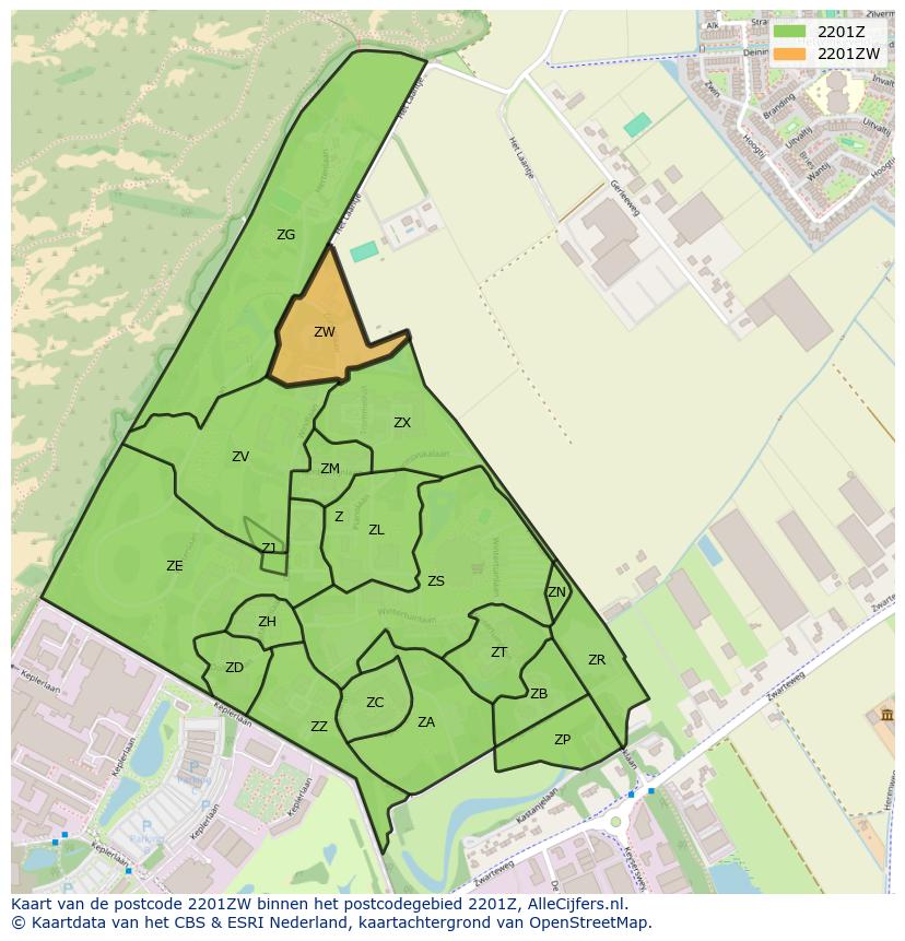Afbeelding van het postcodegebied 2201 ZW op de kaart.