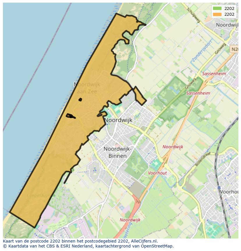Afbeelding van het postcodegebied 2202 op de kaart.