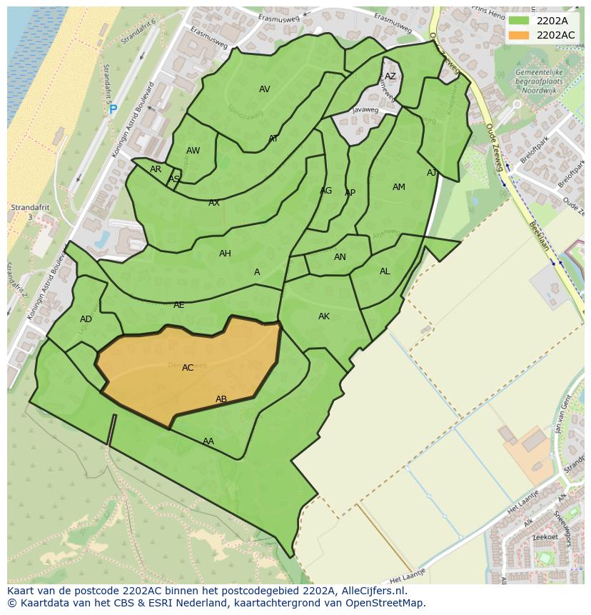 Afbeelding van het postcodegebied 2202 AC op de kaart.