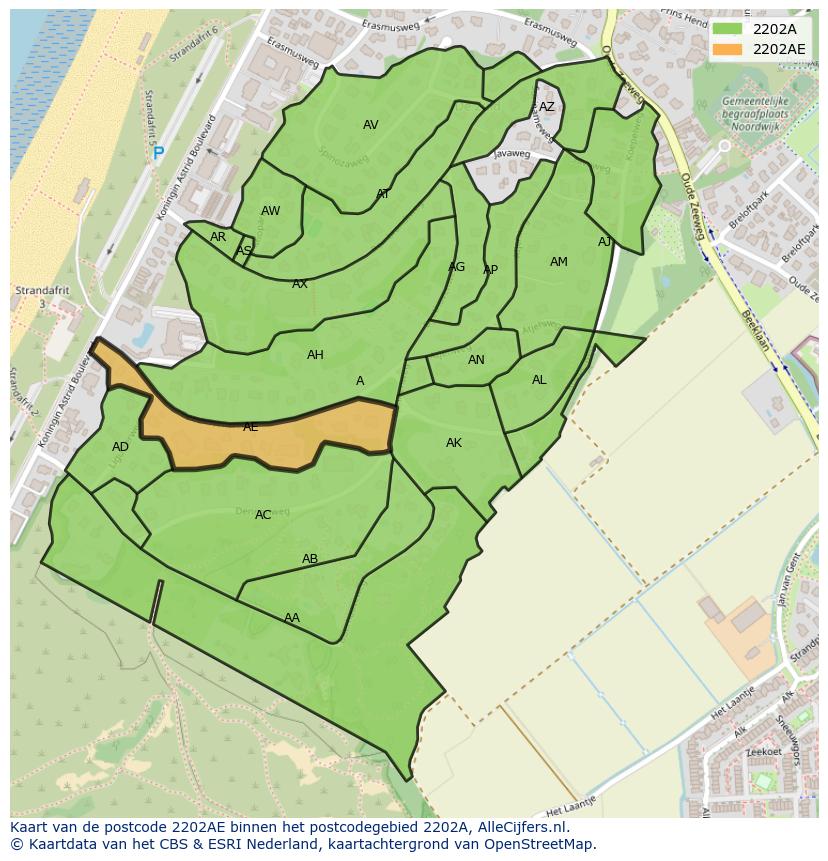 Afbeelding van het postcodegebied 2202 AE op de kaart.