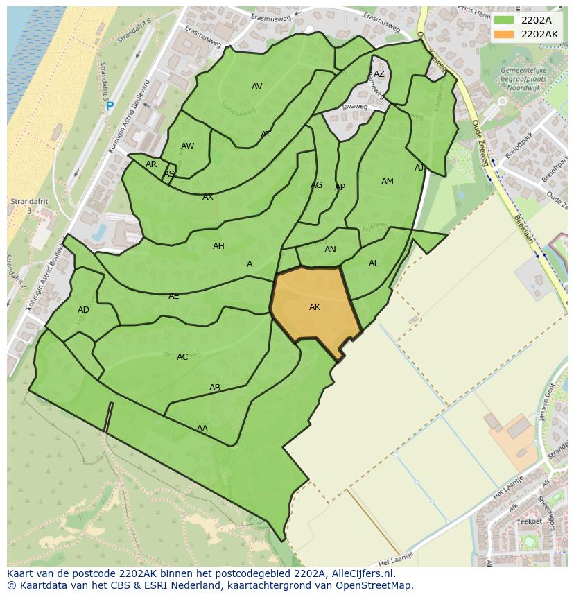 Afbeelding van het postcodegebied 2202 AK op de kaart.