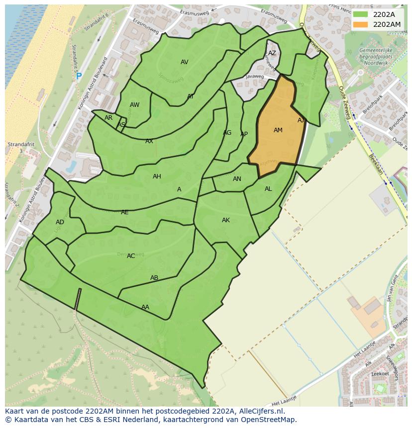 Afbeelding van het postcodegebied 2202 AM op de kaart.