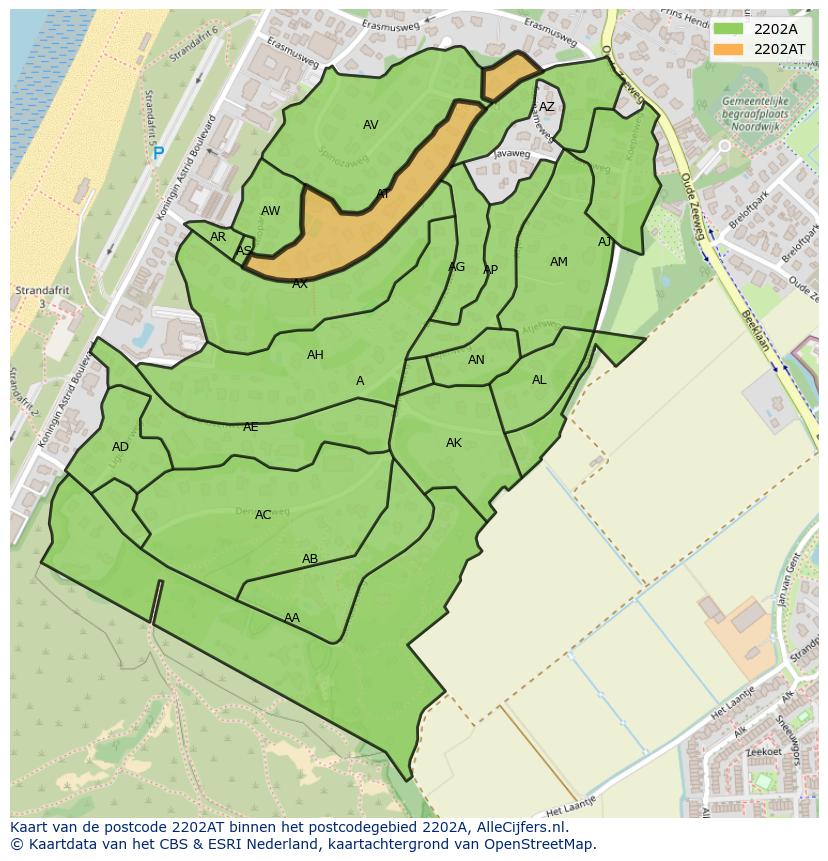 Afbeelding van het postcodegebied 2202 AT op de kaart.