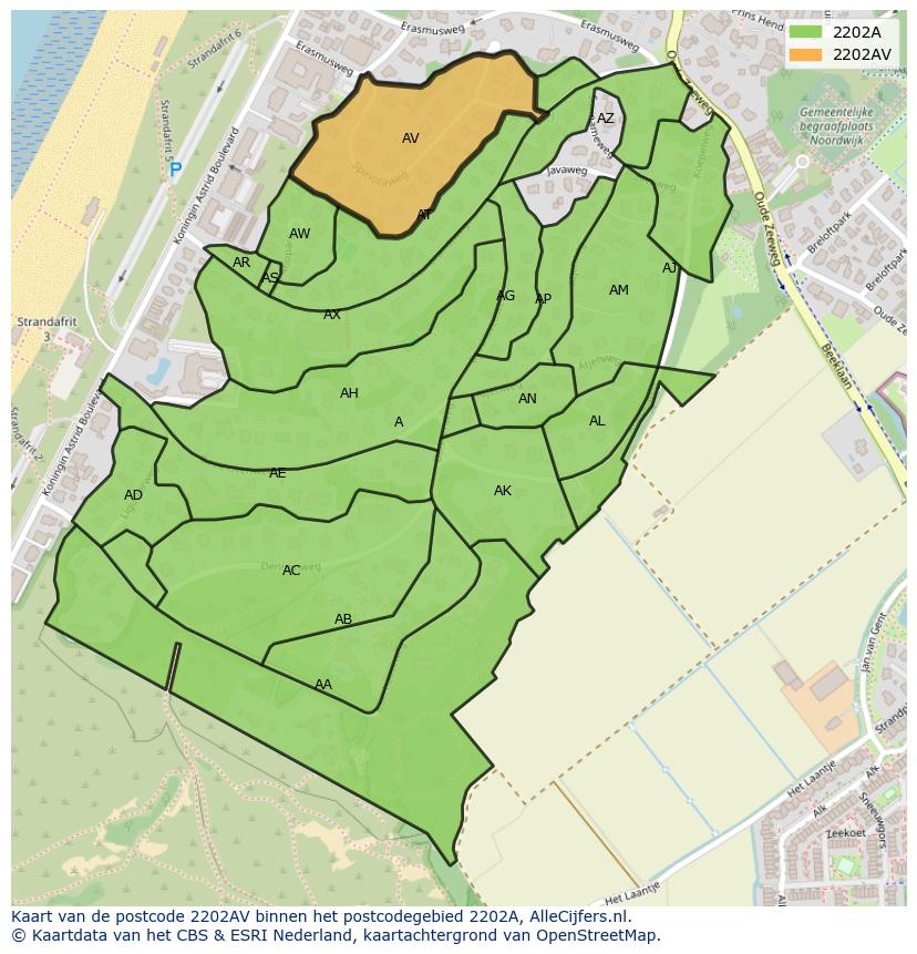 Afbeelding van het postcodegebied 2202 AV op de kaart.