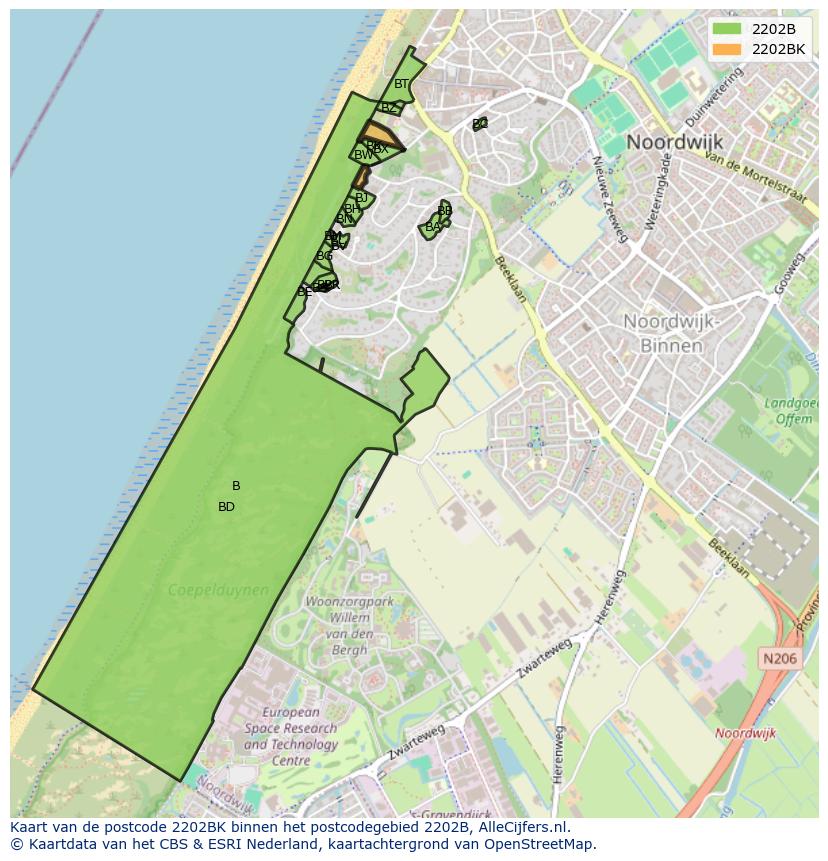 Afbeelding van het postcodegebied 2202 BK op de kaart.