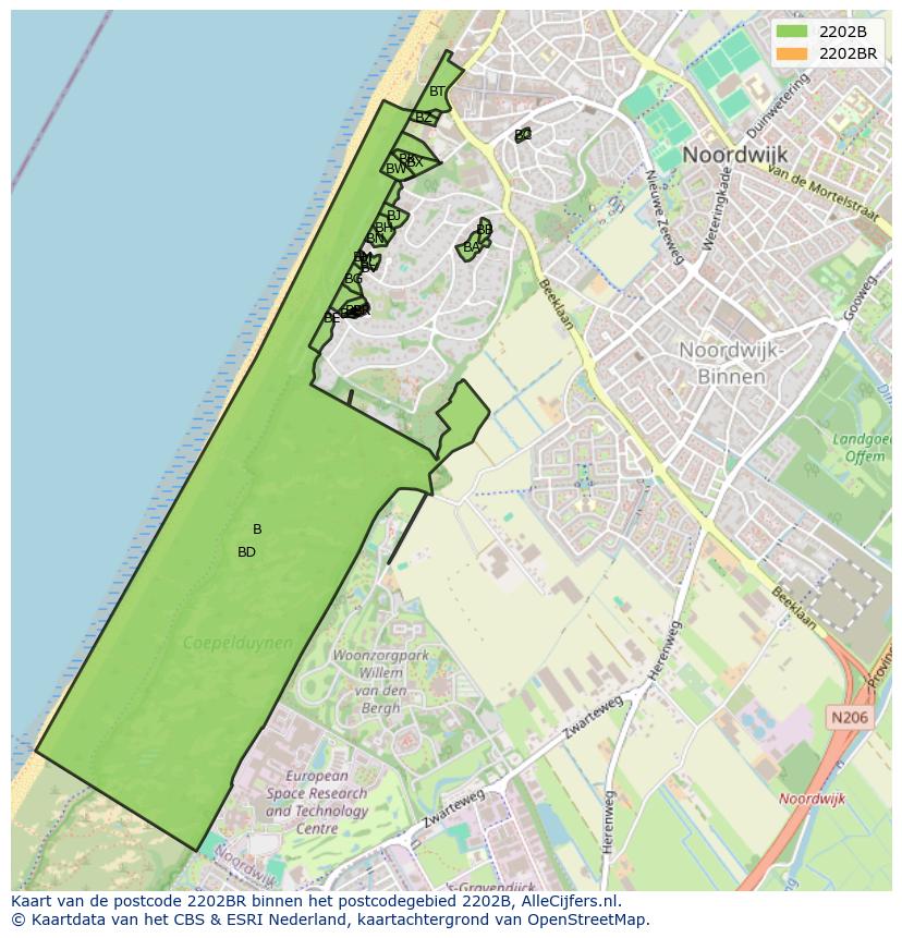 Afbeelding van het postcodegebied 2202 BR op de kaart.
