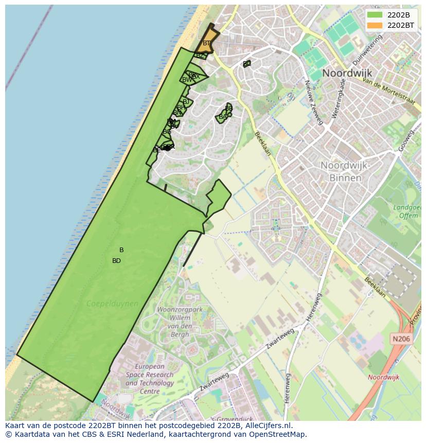 Afbeelding van het postcodegebied 2202 BT op de kaart.