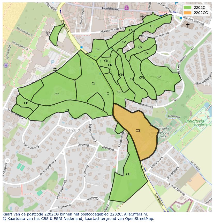 Afbeelding van het postcodegebied 2202 CG op de kaart.
