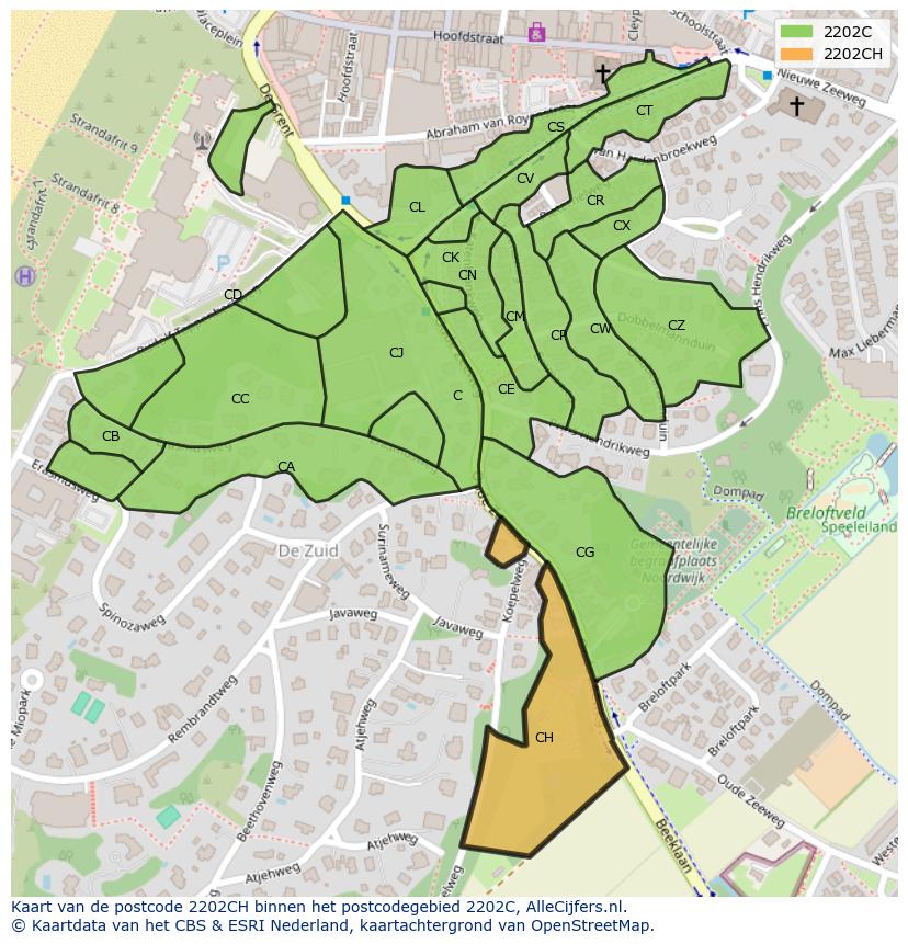 Afbeelding van het postcodegebied 2202 CH op de kaart.