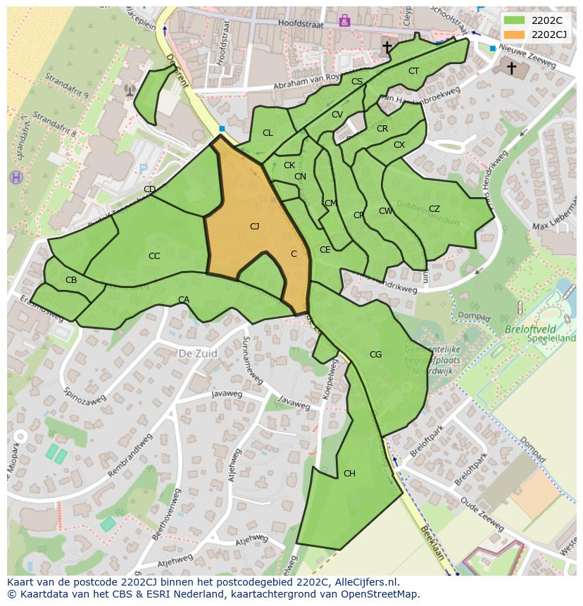 Afbeelding van het postcodegebied 2202 CJ op de kaart.