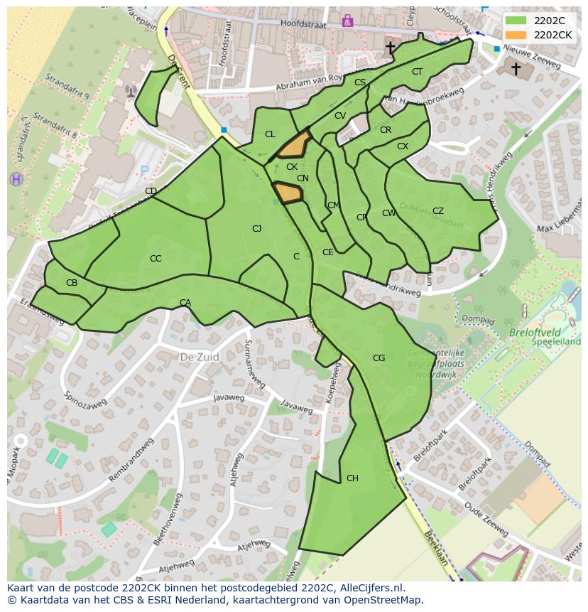 Afbeelding van het postcodegebied 2202 CK op de kaart.