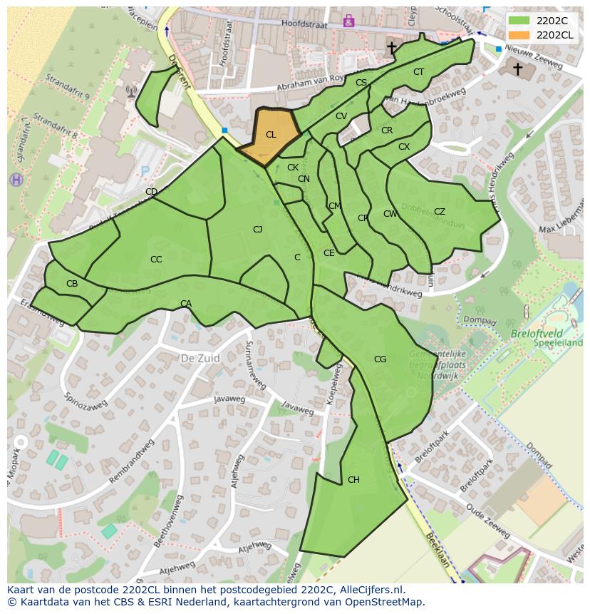 Afbeelding van het postcodegebied 2202 CL op de kaart.