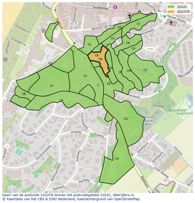 Afbeelding van het postcodegebied 2202 CN op de kaart.